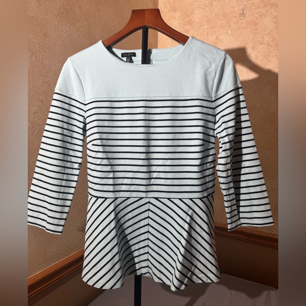 Talbots light blue/green and black stripped Peplum Blouse 3/4 Sleeve Size M